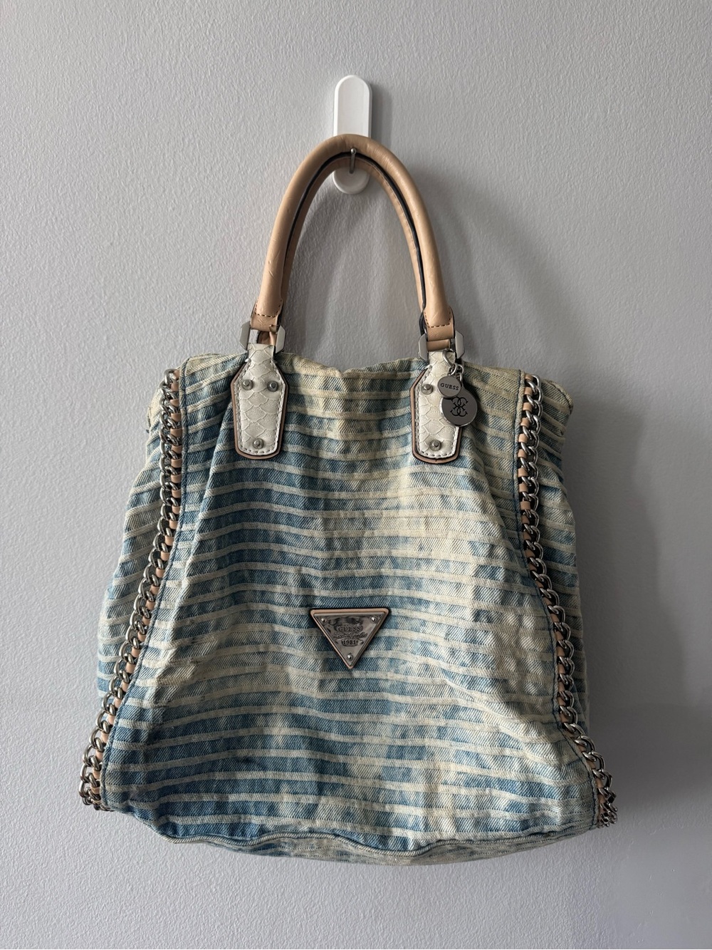 Guess Denim-Striped Light Blue Tote with Tan Handles - Picture 2 of 13